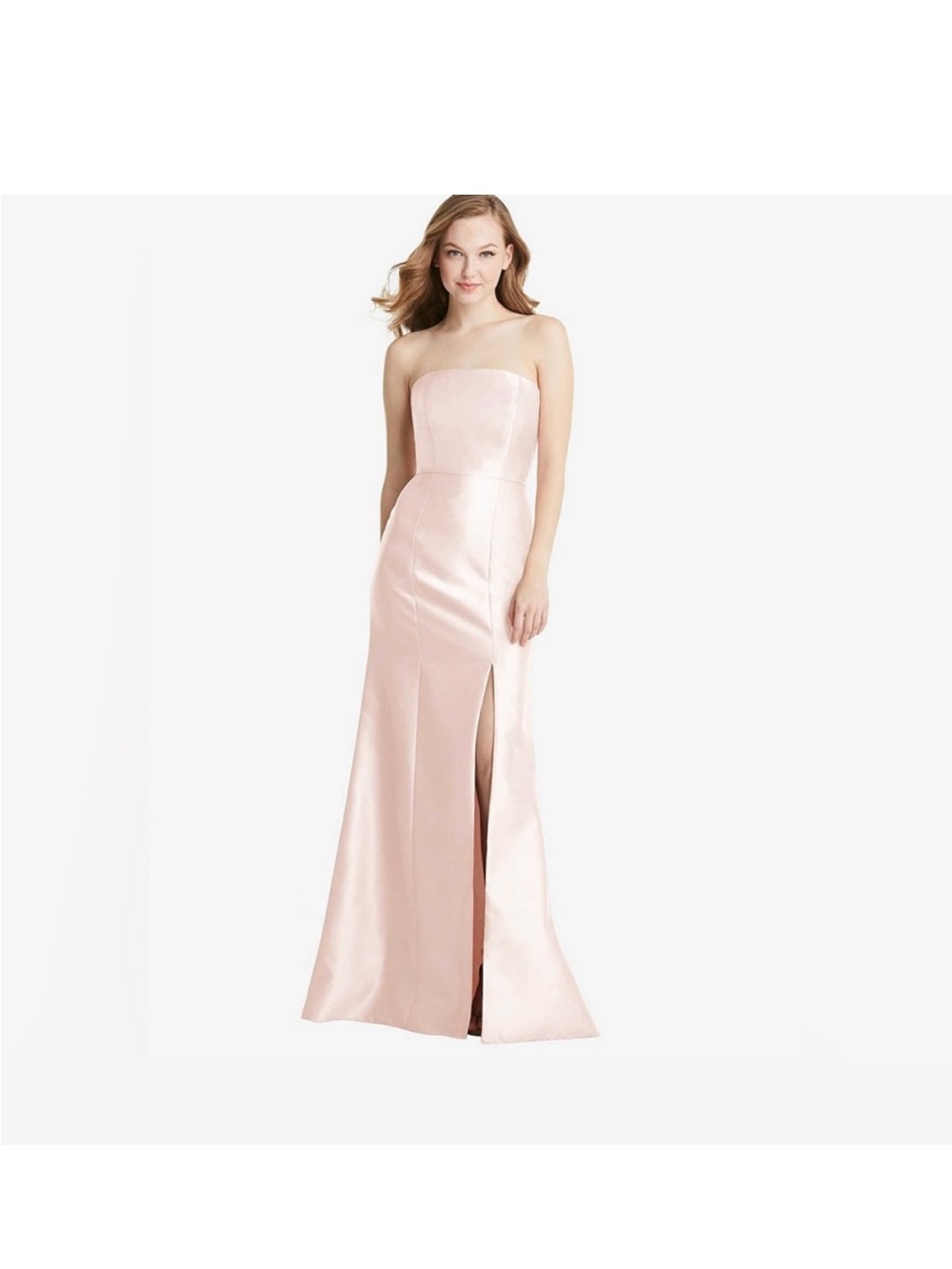 Dessy Collection BB133 in Blush Strapless Pink Satin Gown with Front Slit